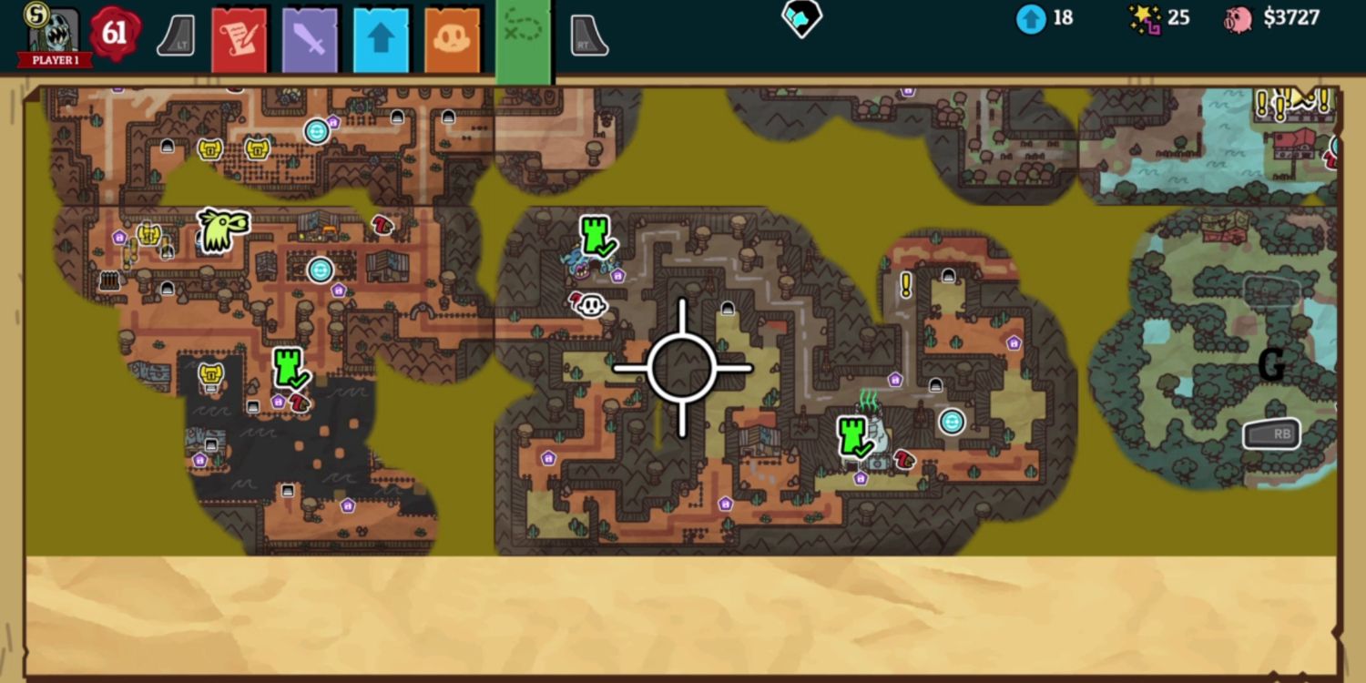 a parchment map with scattered, green castle icons, reddish brown pathways, and a large white reticle in the middle
