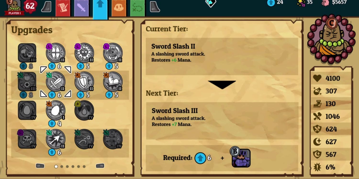 upgrade menu on parchment paper with the cursor over the upgrade for "sword slash" 
