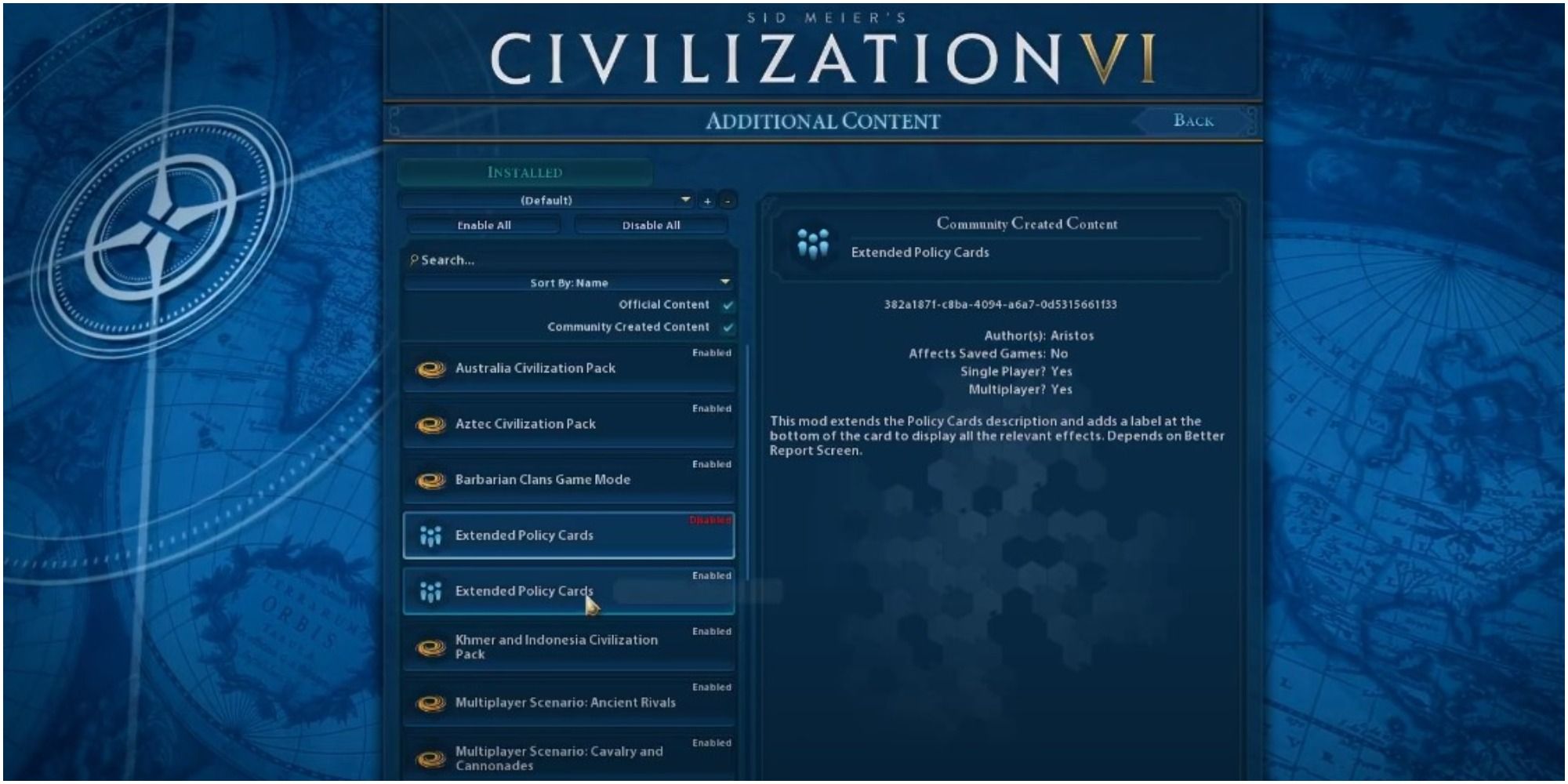 Civilization 6 проверяет загруженные моды в главном меню