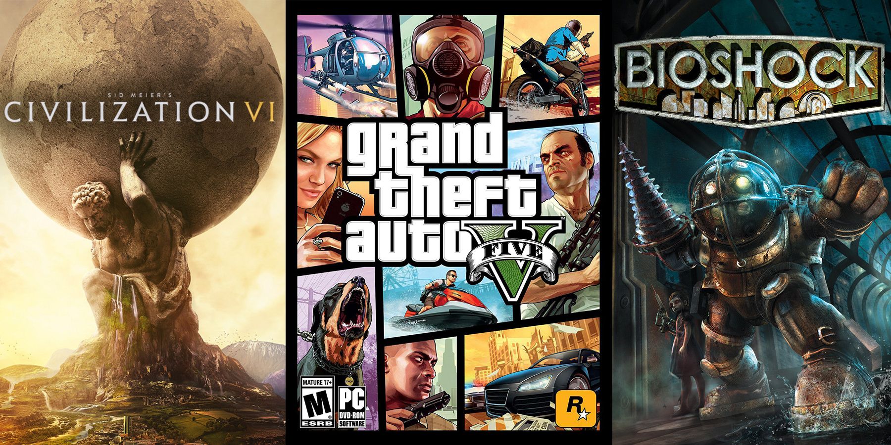 Civilization 6, Grand Theft Auto 5, and Bioshock cover art