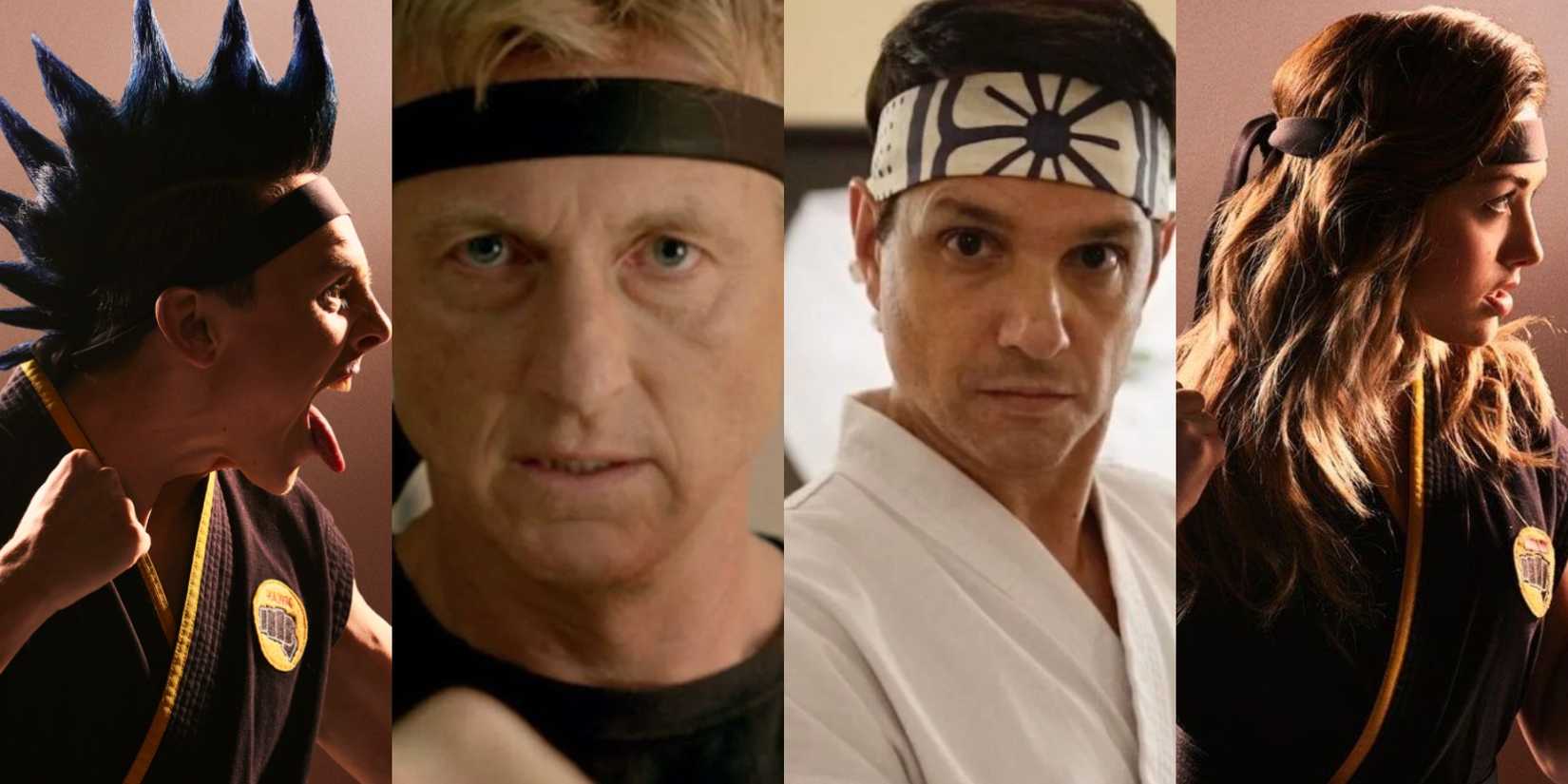 A split image depicts Cobra Kai characters Hawk, Johnny, Daniel, and Tory