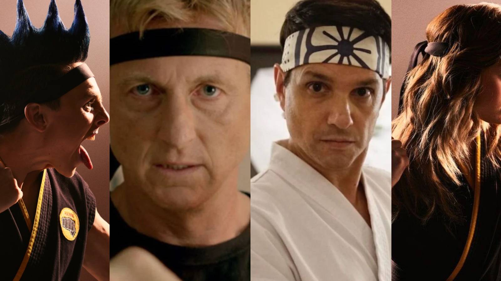 A split image depicts Cobra Kai characters Hawk, Johnny, Daniel, and Tory