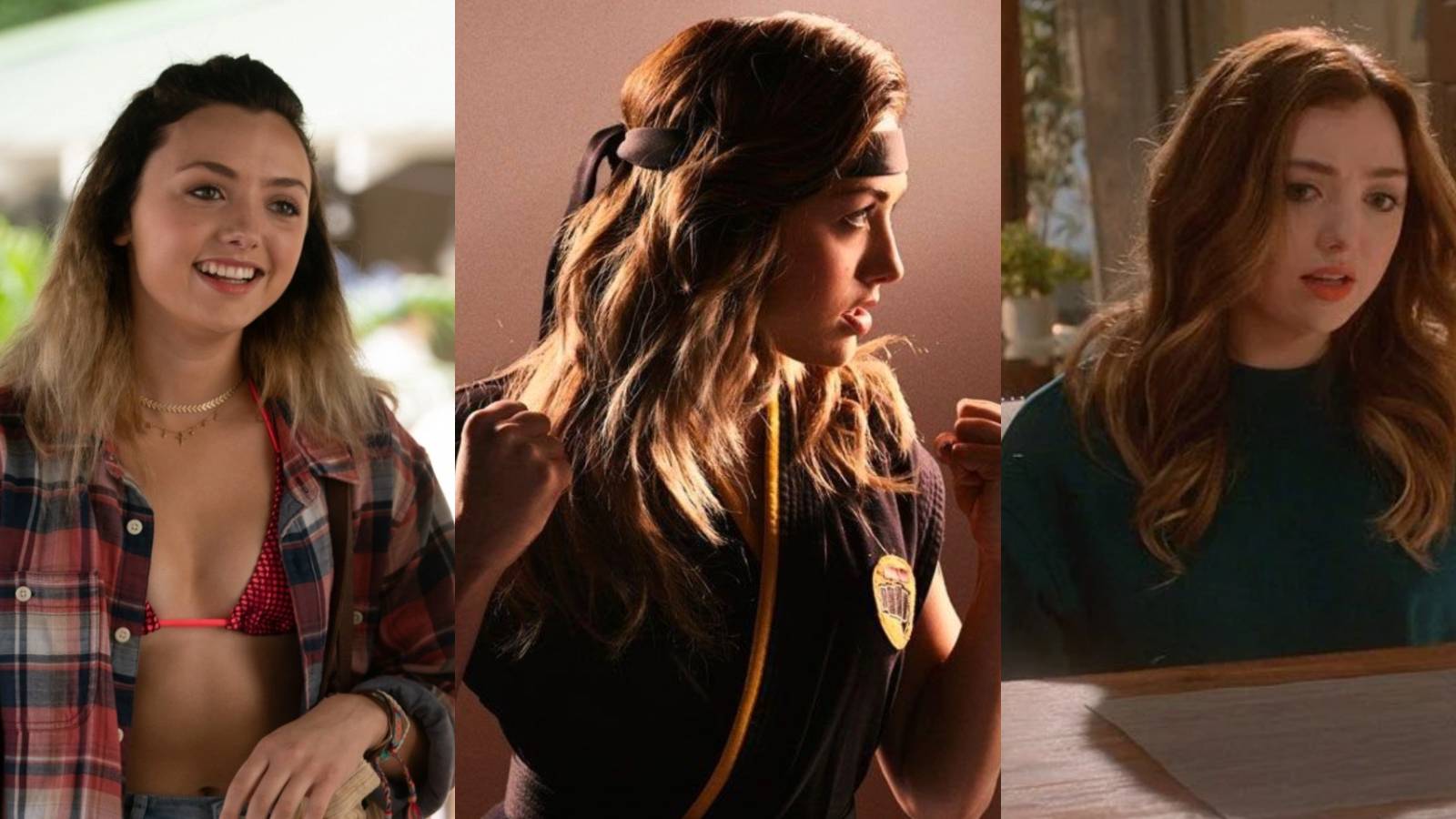 A split image depicts three looks at Peyton List as Tory Nichols in Cobra Kai