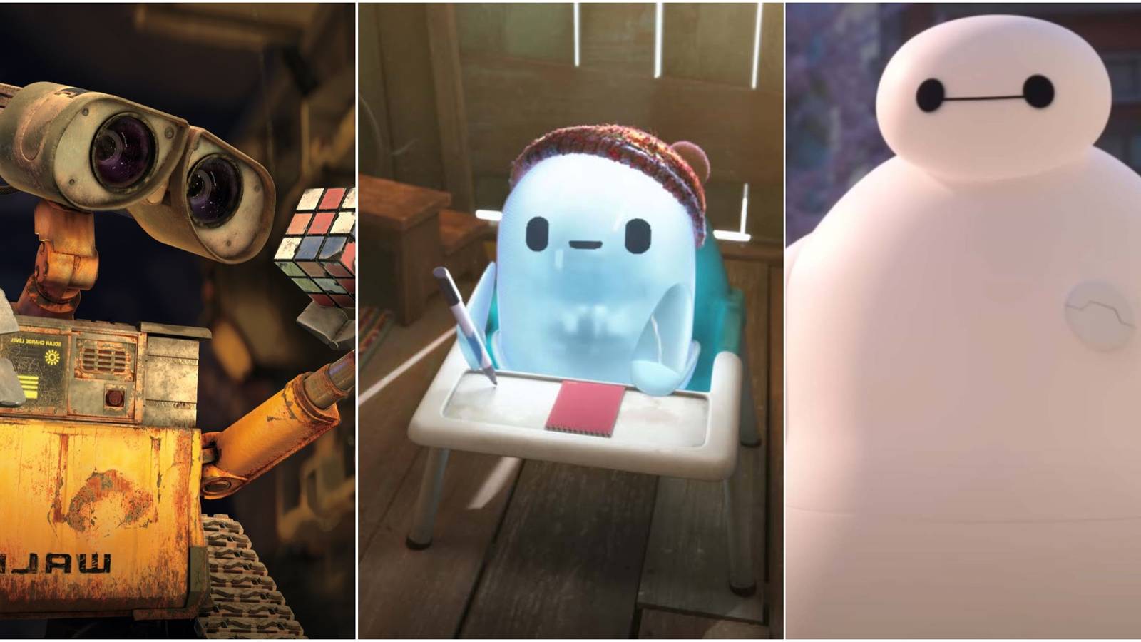 Collage Of 3 Robots Wall-E Ron And Baymax Ron's Gone Wrong Big Hero 6