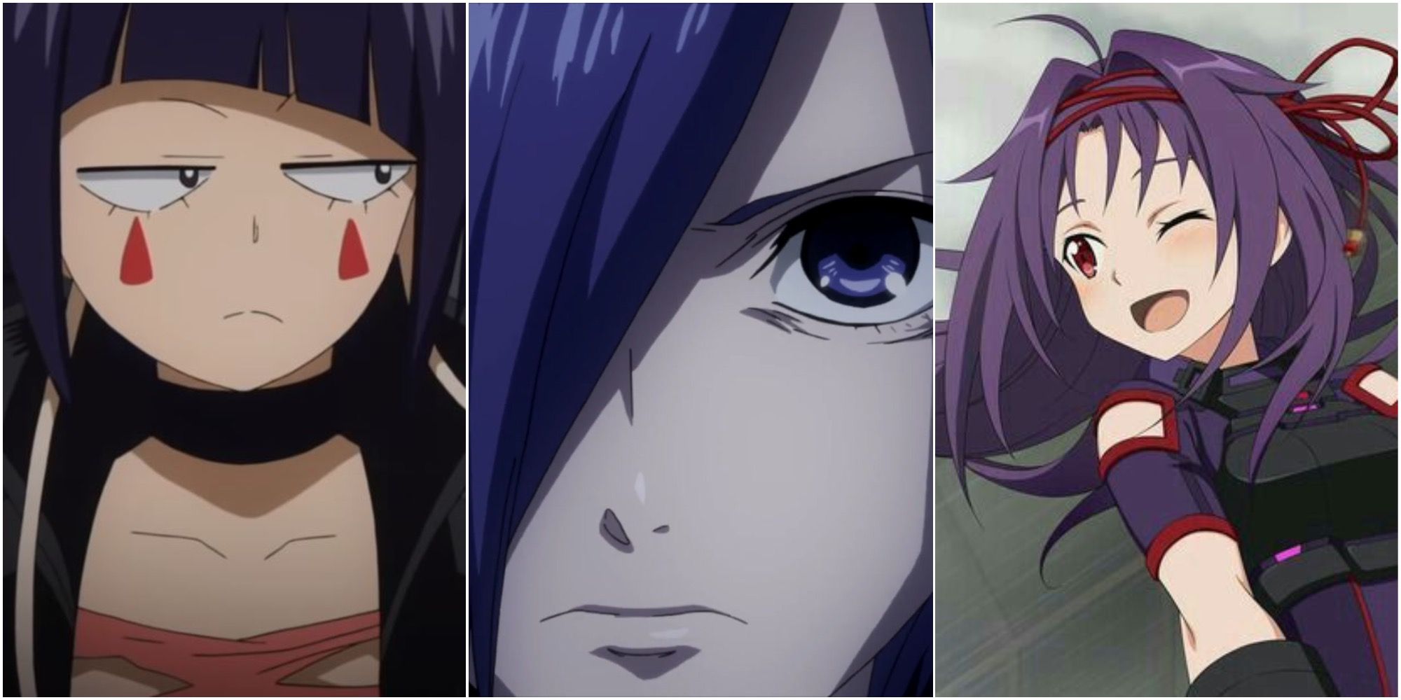 Коллаж аниме девушек с фиолетовыми волосами Тоука, Юки и Кёка