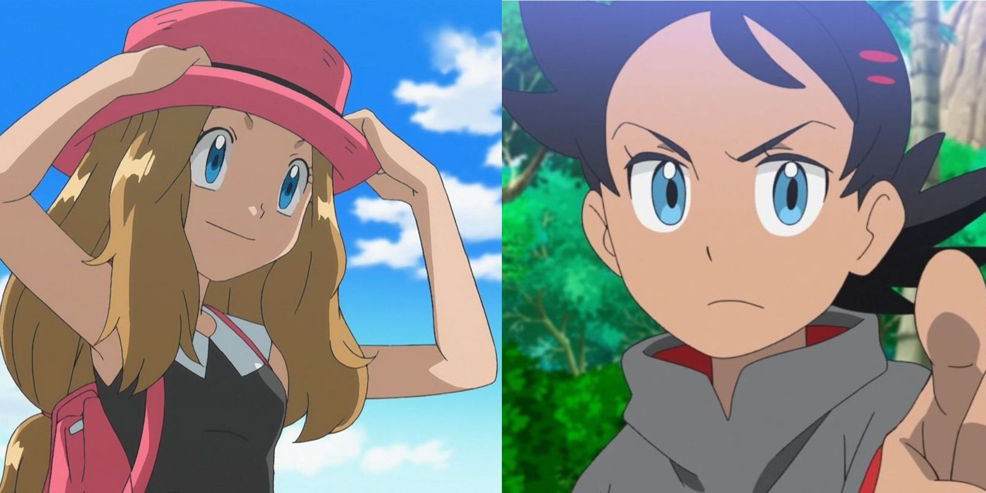Pokemon anime split image Serena adjusting her hat and Goh pointing at screen