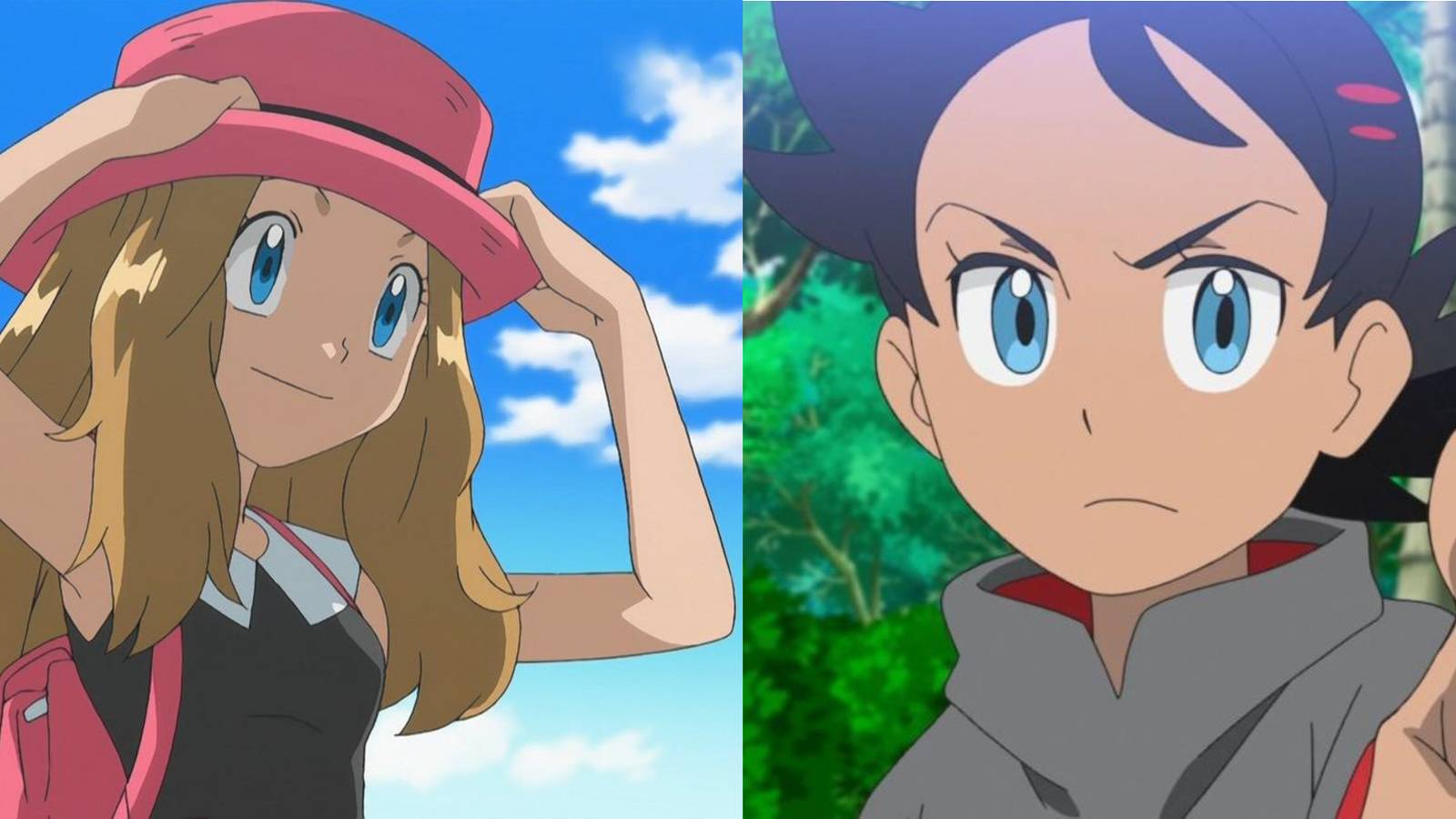 Pokemon anime split image Serena adjusting her hat and Goh pointing at screen