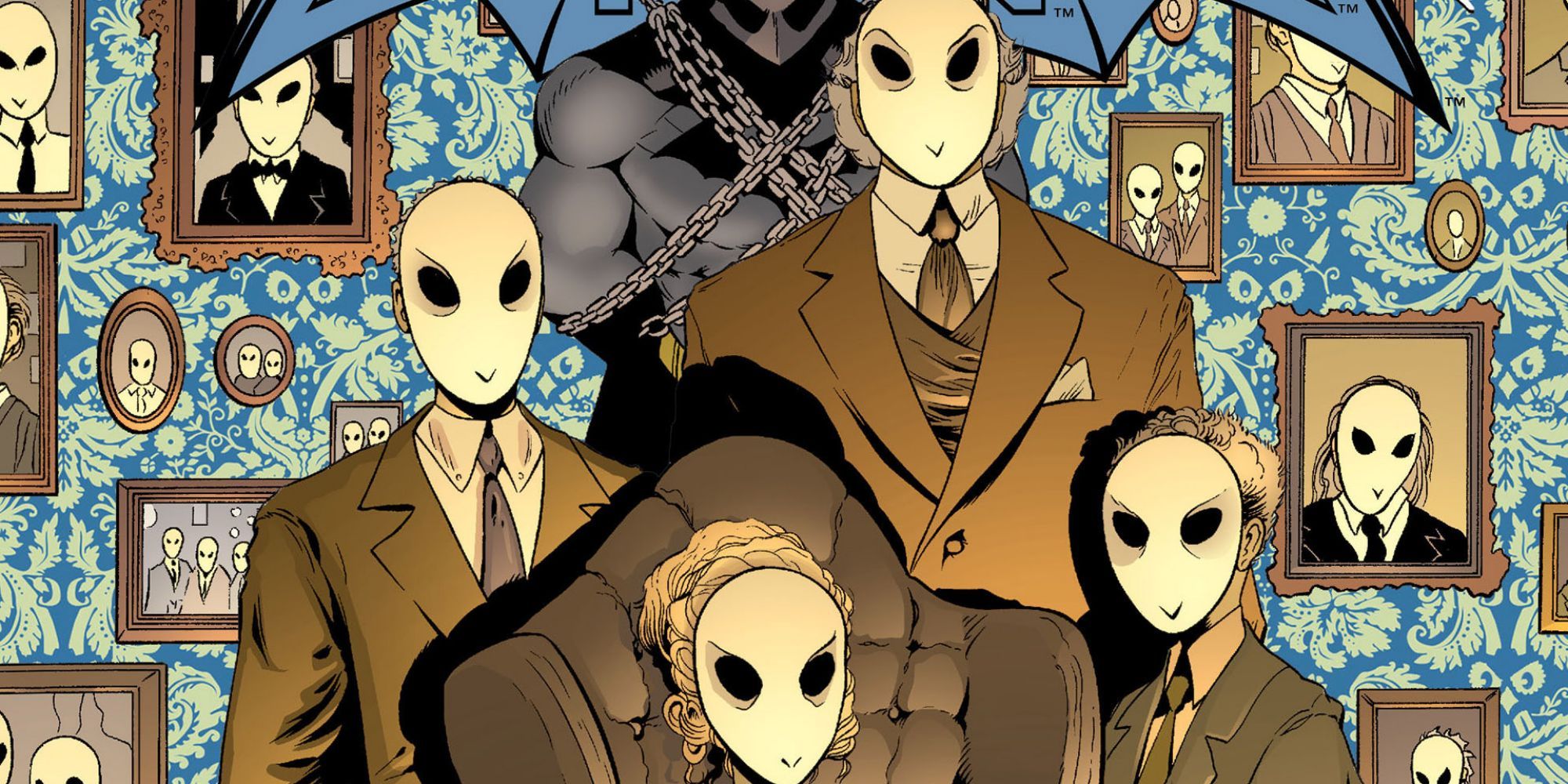 Closeup of Batman and four members of the Court Of Owls