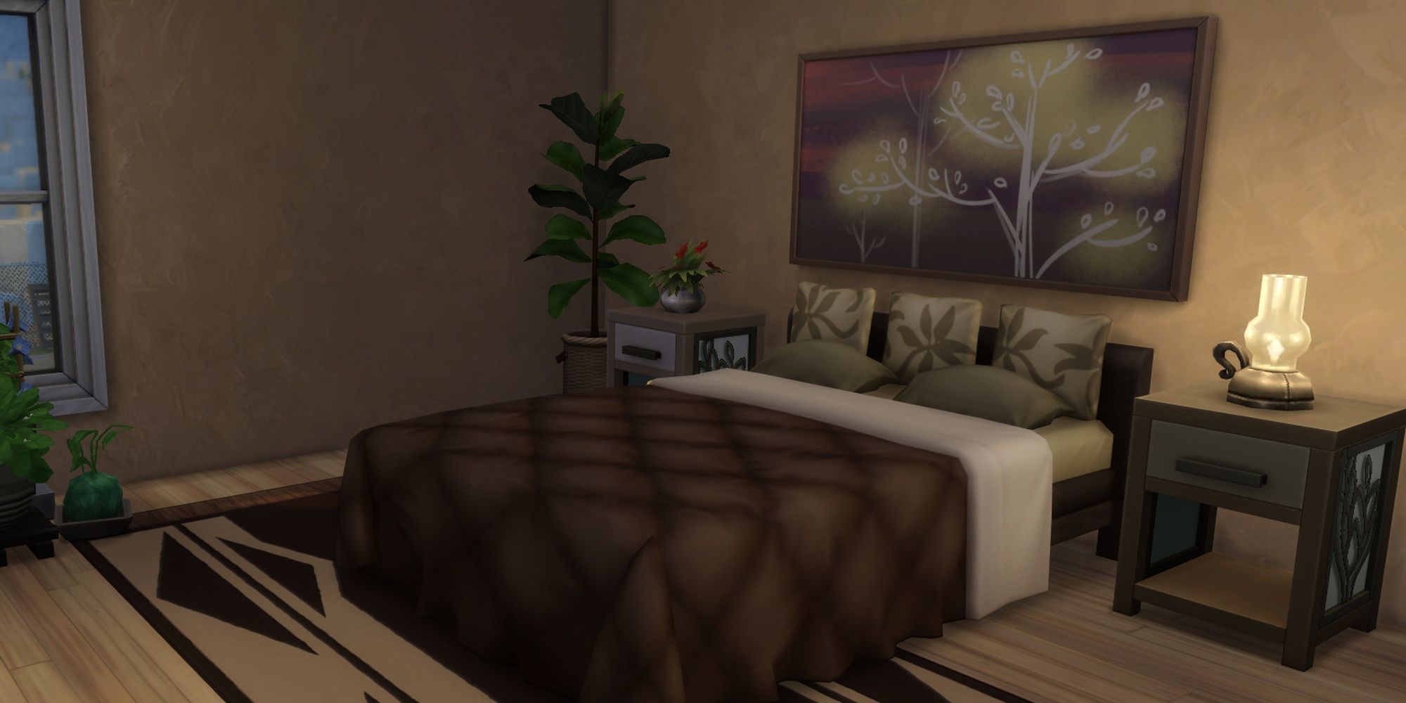 A soft, fluffy bed with a brown quilt and throw pillows in a Sims 4 bedroom.