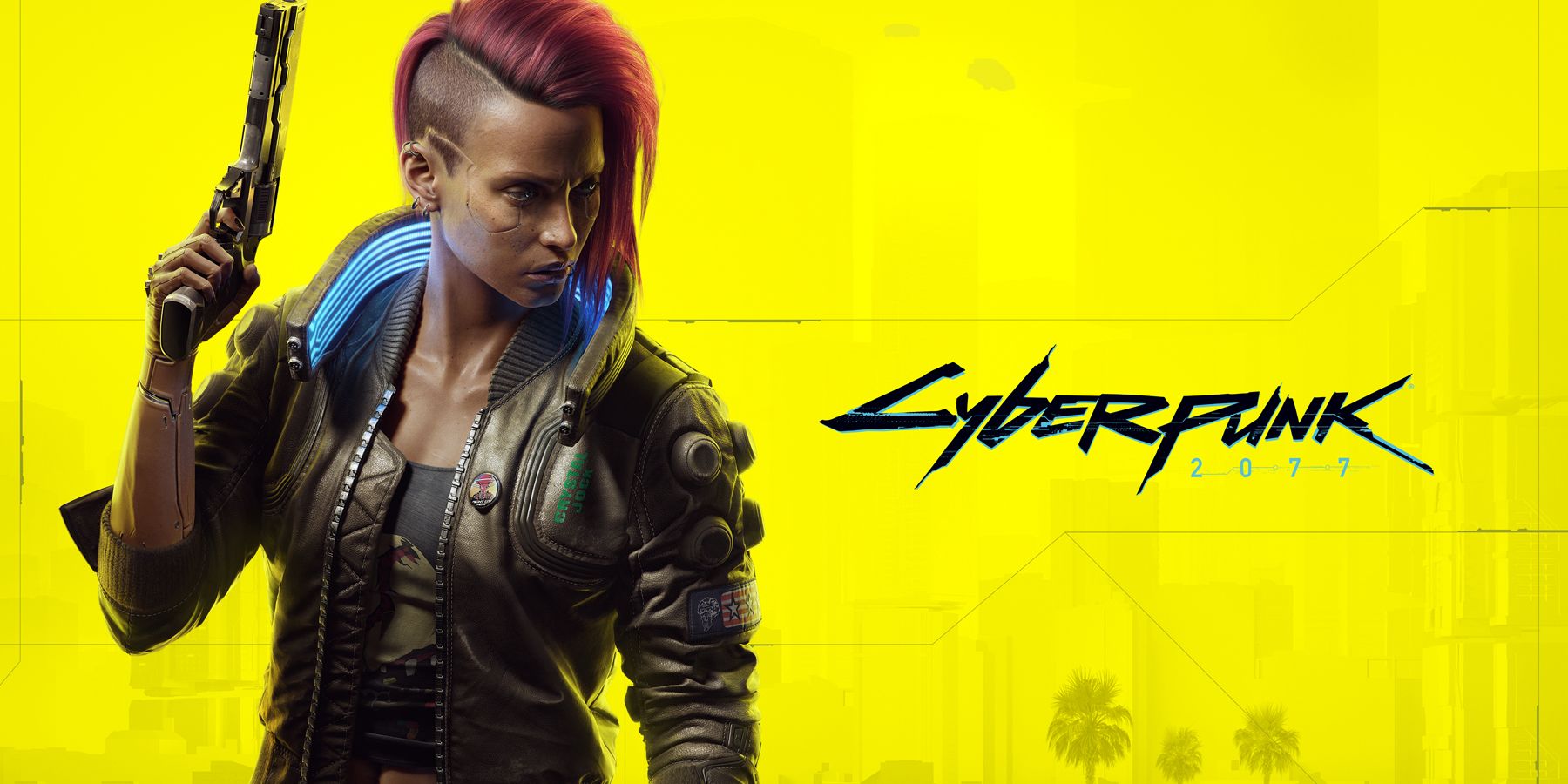 Cybepunk 2077 title on yellow with female player character