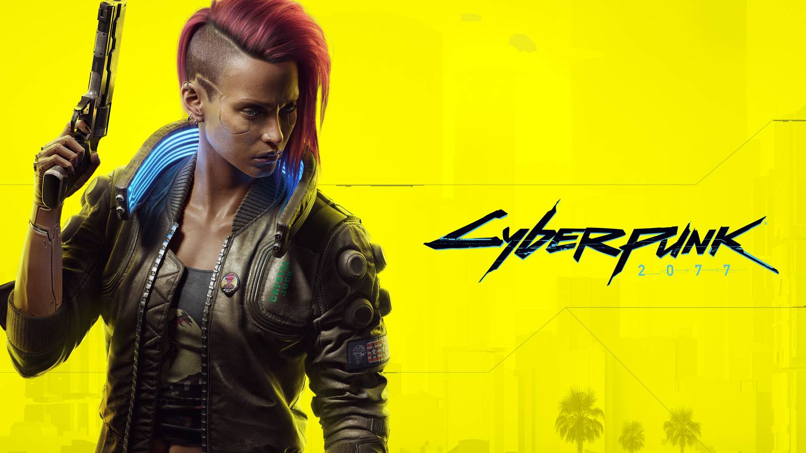 Cybepunk 2077 title on yellow with female player character