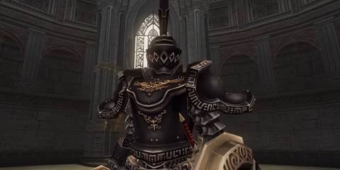 The Darknut miniboss from The Legend of Zelda: Twilight Princess' Temple of Time dungeon in a pre-fight cutscene