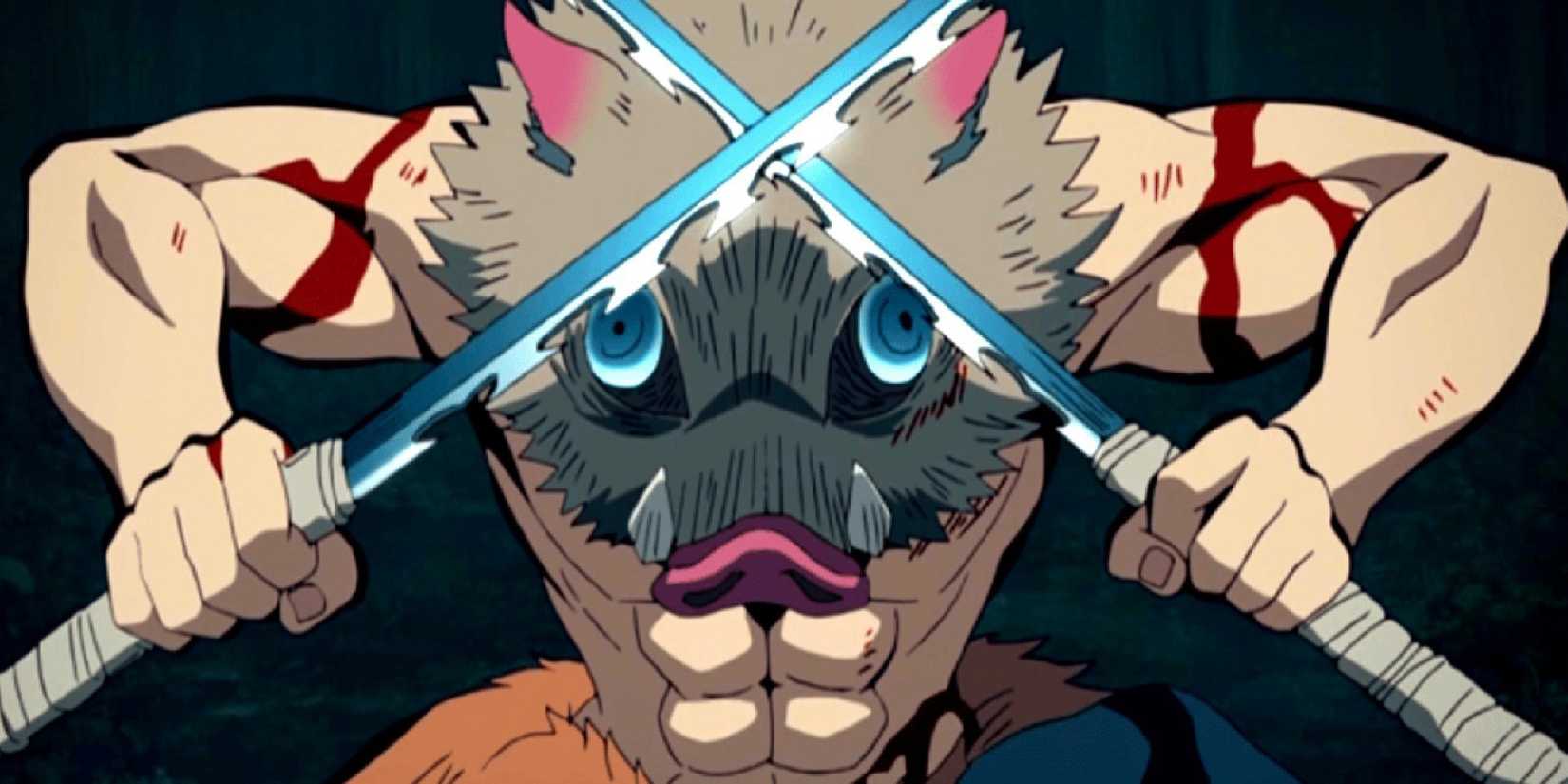 Demon Slayer - Inosuke With His Swords Crossed Ready To Fight