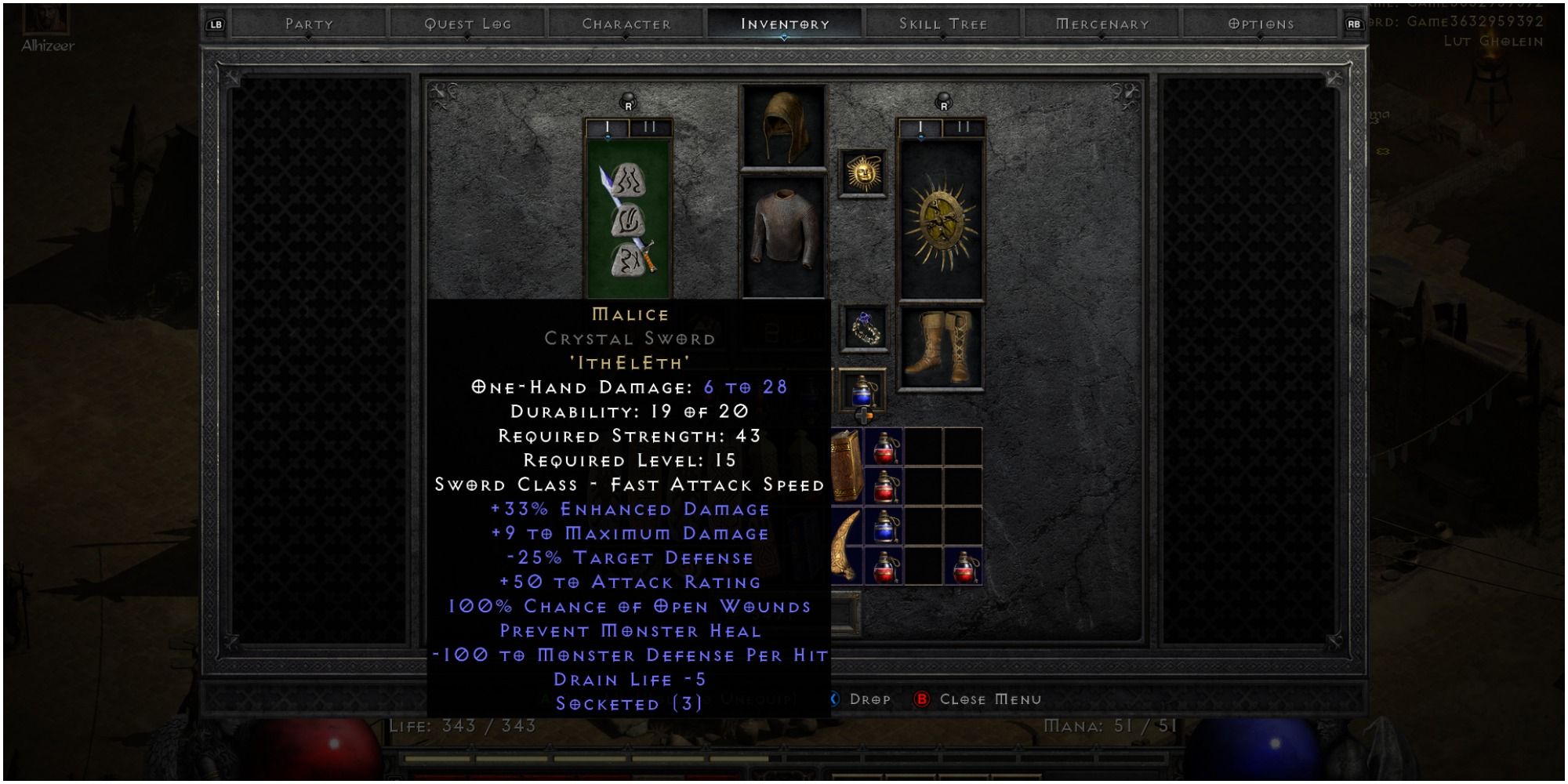 Diablo 2 Resurrected Looking At The Stats On The Malice Sword