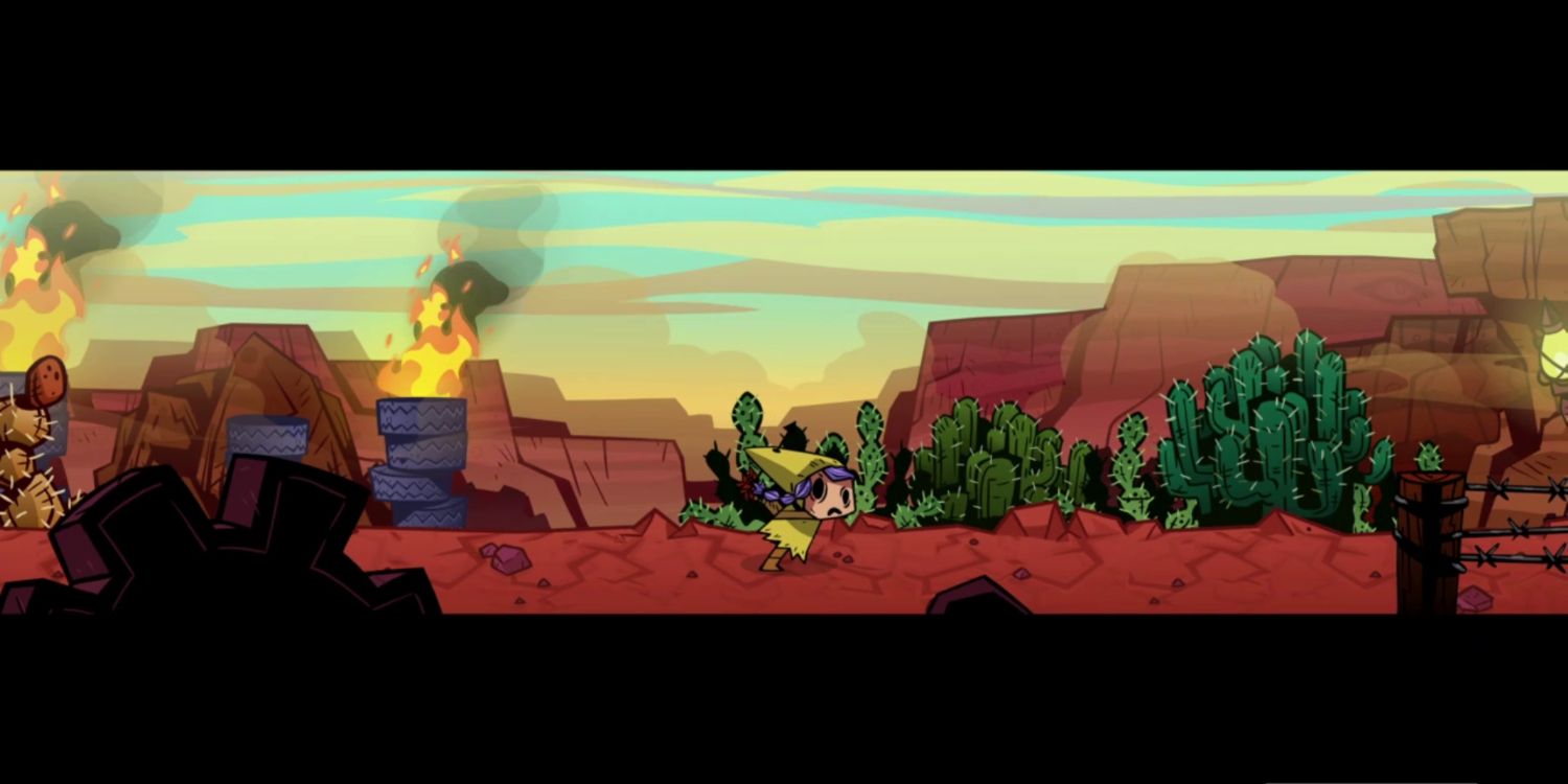 a woman with purple hair in a yellow dress and cone hat runs through a rocky desert with cacti all around