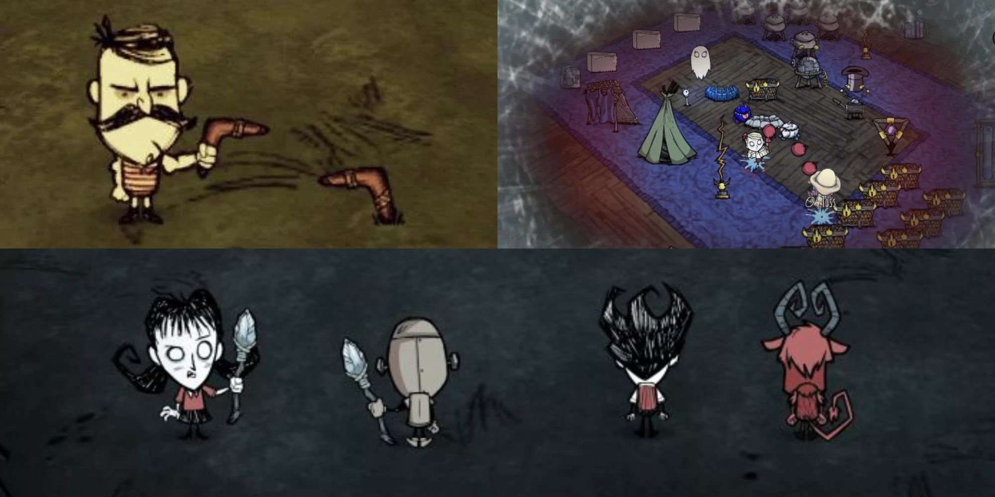 Don't Starve Together split image characters holding ranged weapons - Ice Staff, Boomerang, & Water Balloon.