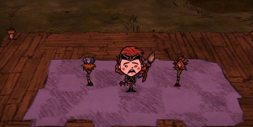 Wigfrid next to the Ice Staff and Fire Staff in Don't Starve Together.
