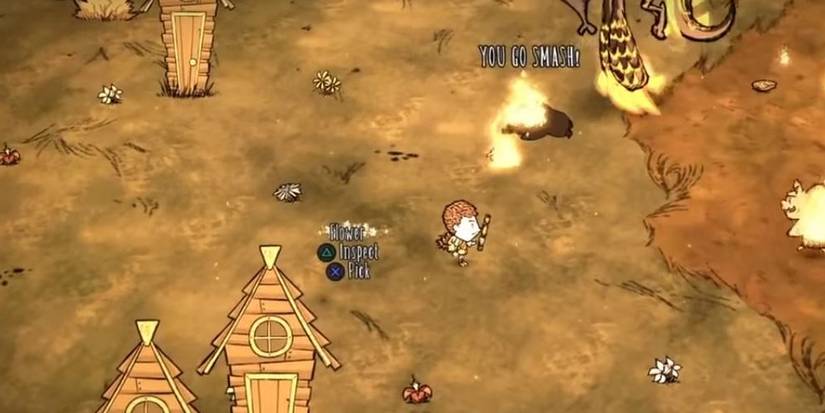 Wigfrid using the Sleep Dart to slow down a Dragonfly in Don't Starve Together. 