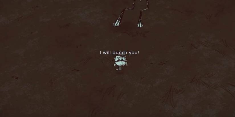 Wolfgang running away from a Deerclops after shooting it with the Blow Dart in Dont Starve Together.