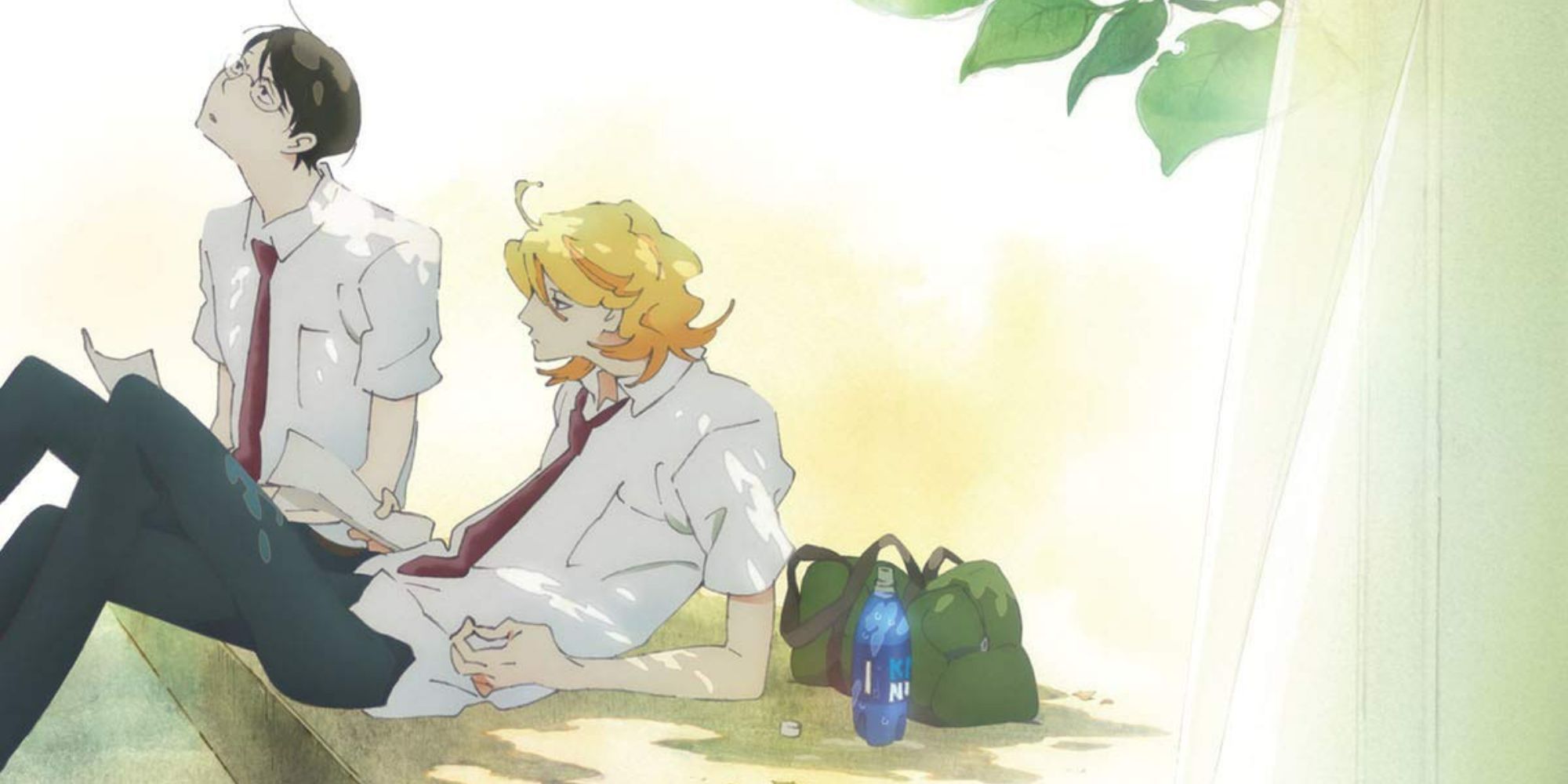 Two characters from Doukyusei: Classmates lounging outside
