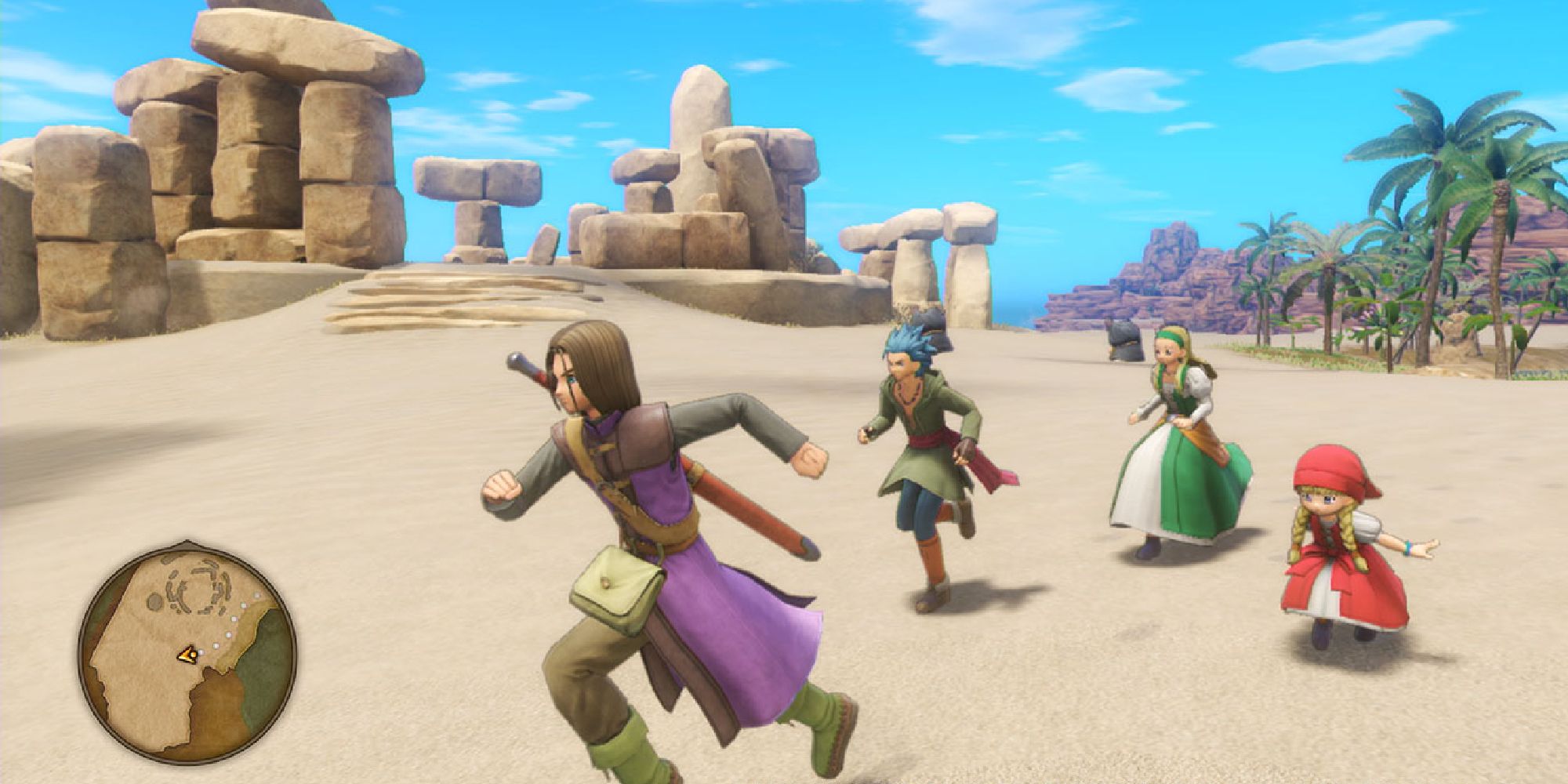 A four person party running through a desert area in Dragon Quest XI S