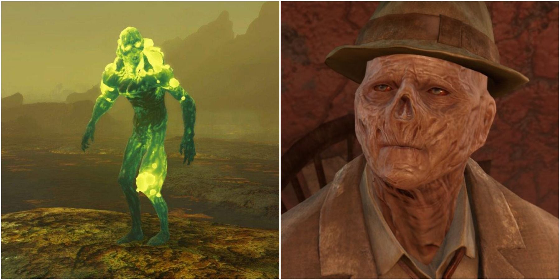 Split image of glowing one and ghoul in Fallout 4.