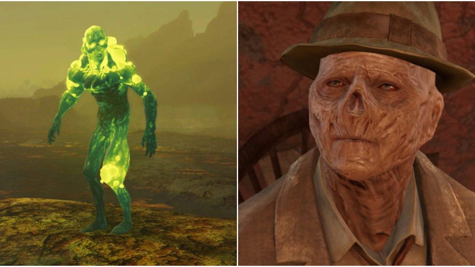 Split image of glowing one and ghoul in Fallout 4.
