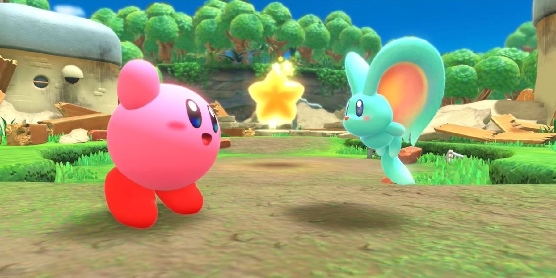Kirby smiling and waving at Elfilin in Kirby and the Forgotten Land's Waddle Dee Town