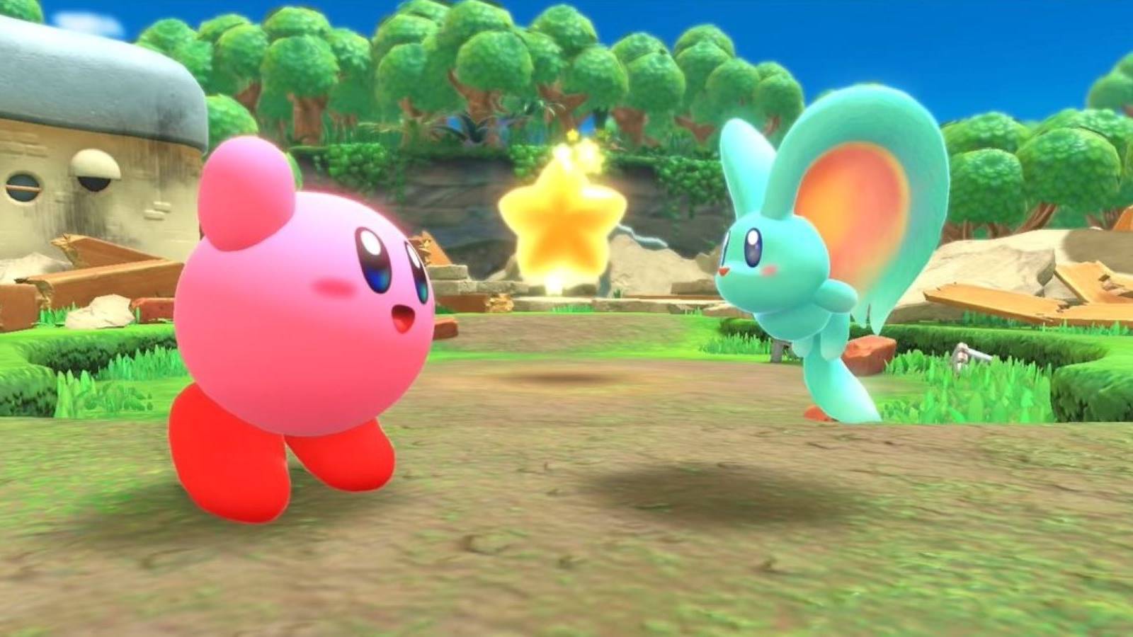 Kirby smiling and waving at Elfilin in Kirby and the Forgotten Land's Waddle Dee Town