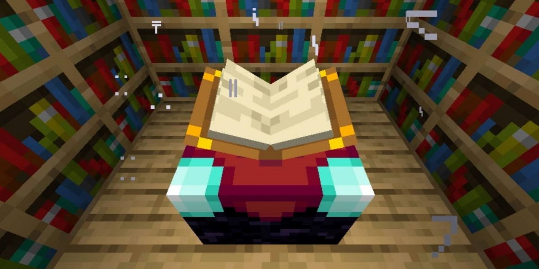 An enchanting table in Minecraft surrounded by bookshelves and magic letters