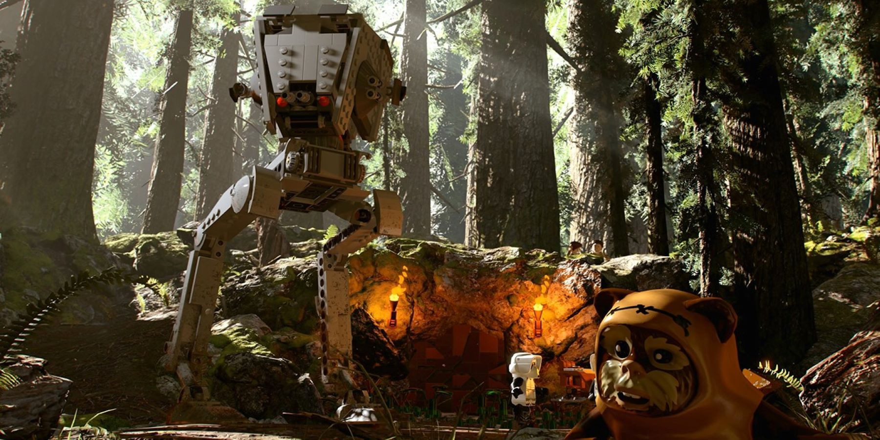 Скриншот Эндора из LEGO Star Wars: The Skywalker Saga: эвок на переднем плане, AT-ST и имперский разведчик на заднем плане.