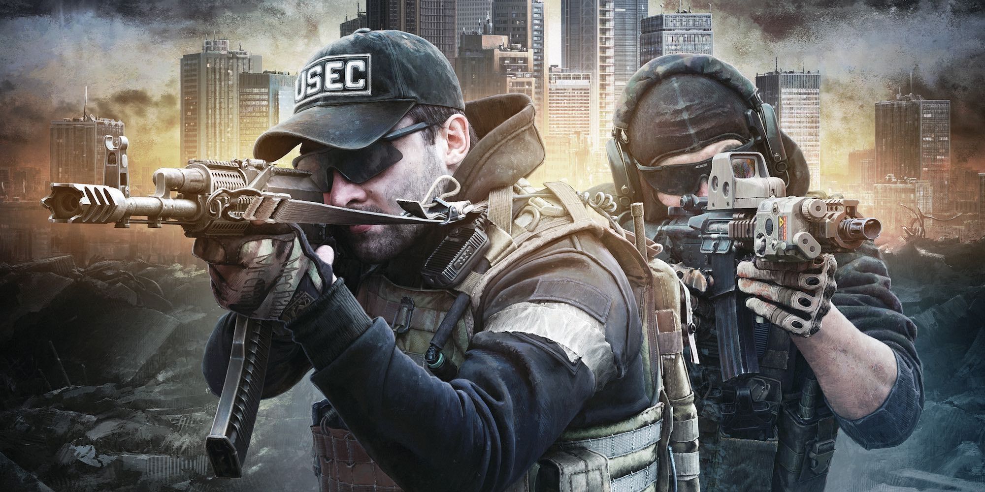 Escape From Tarkov Cover Image with PMCs pointing Guns Cropped