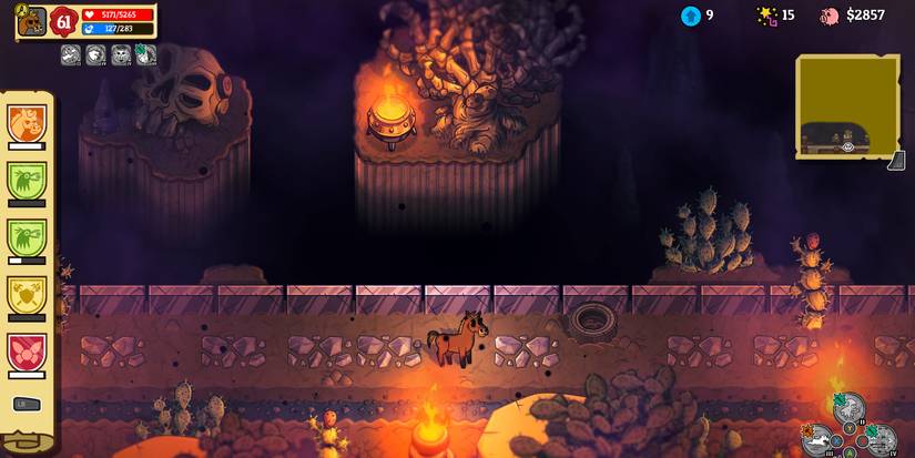 a horse standing on a torch-lit cliff-side road with cacti and abandoned tires nearby