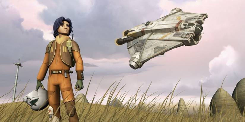Ezra Bridger from Star Wars: Rebels standing on Lothal with the Ghost flying overhead