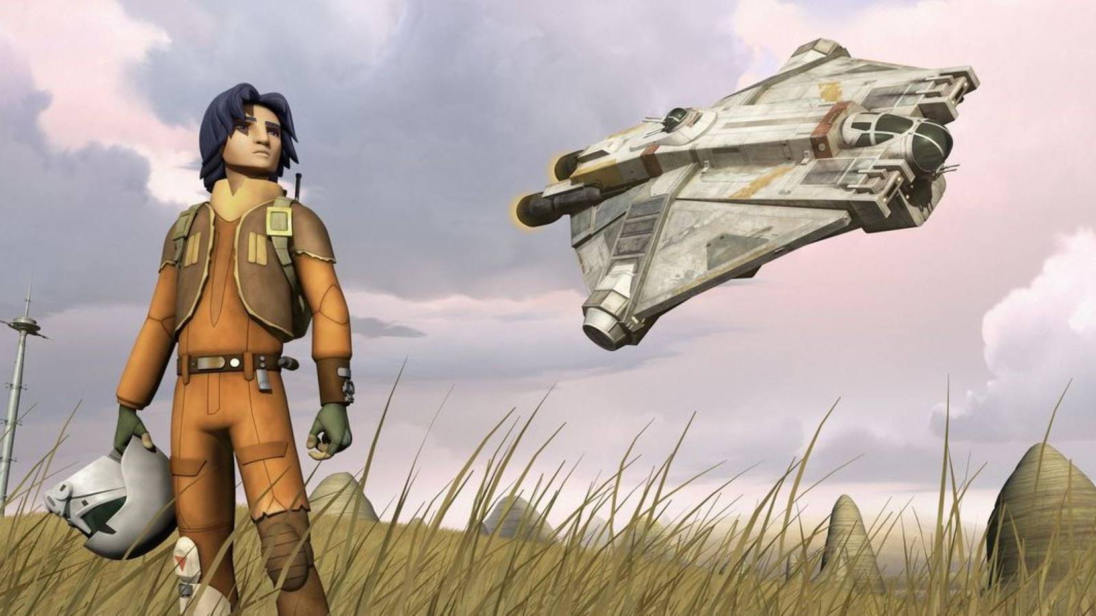 Ezra Bridger from Star Wars: Rebels standing on Lothal with the Ghost flying overhead