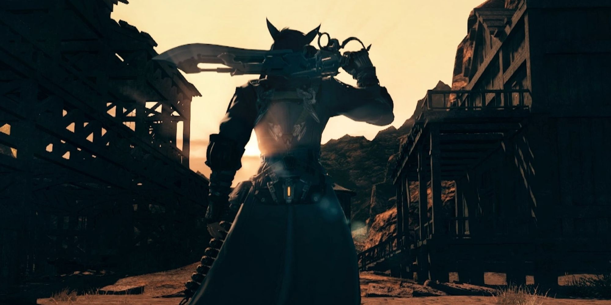Final Fantasy 14 mod A male Miqo'te gunbreaker stands in a dusty town, while staring off into the sunset.