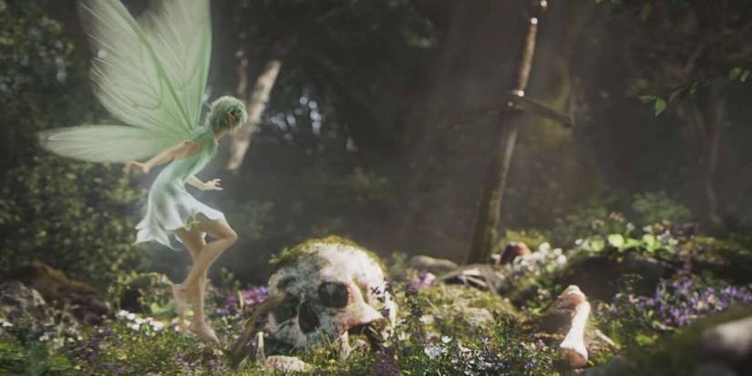 A fairy landing next to a skull and a rusty sword in the forest during the Fable 4 announcement trailer