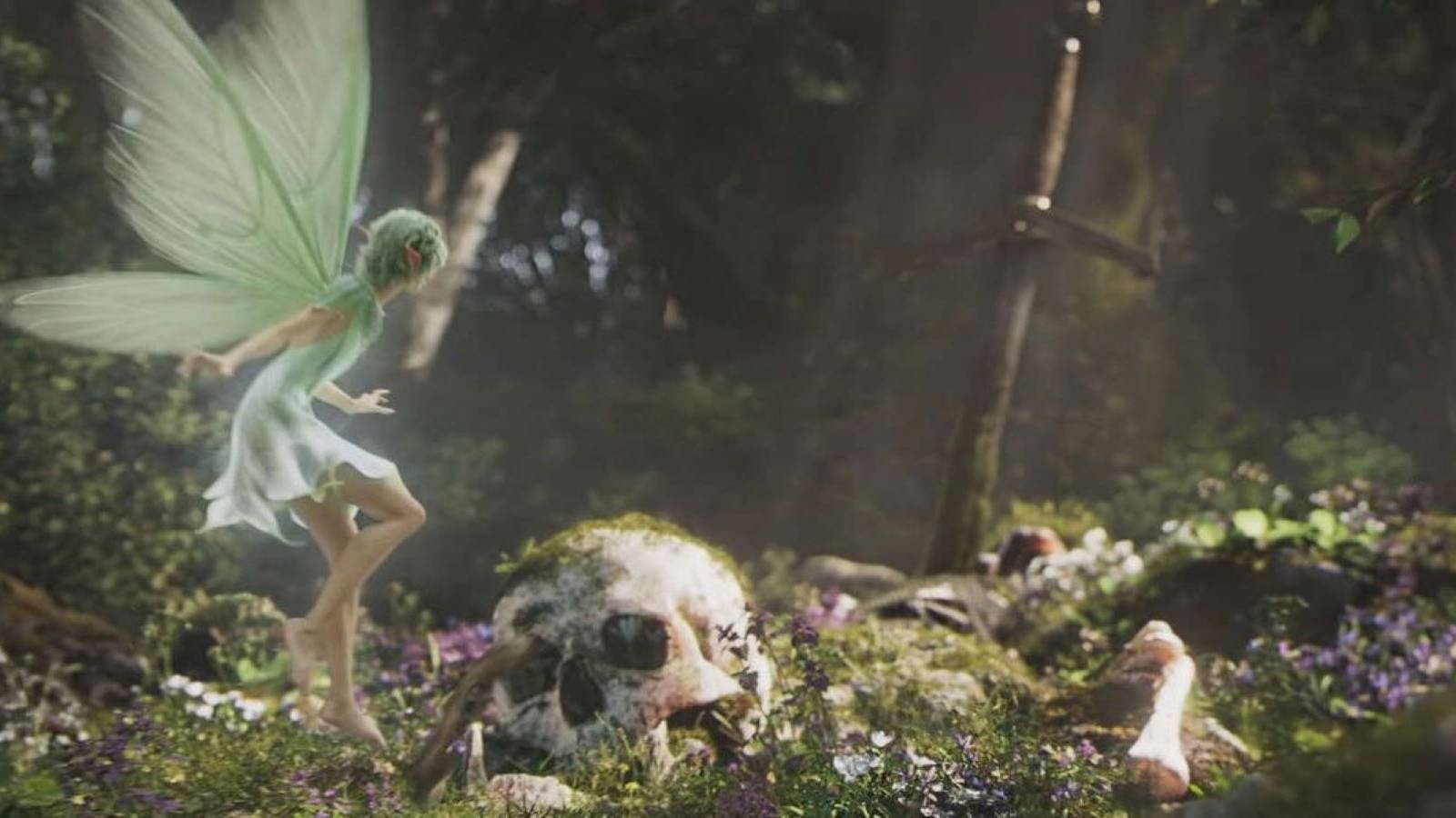 A fairy landing next to a skull and a rusty sword in the forest during the Fable 4 announcement trailer