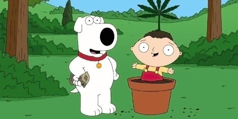 Brian and Stewie smiling and posing in woods, Stewie popping out of plant in Family Guy 420