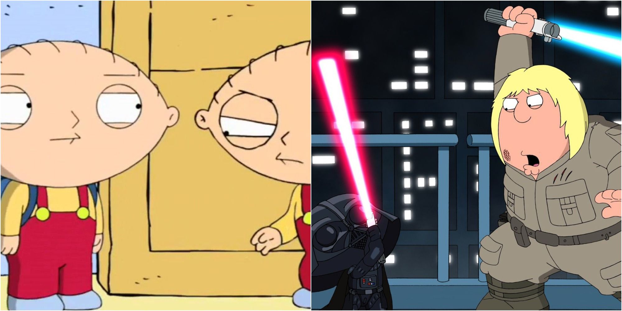 Family Guy split image of Stewie looking at older self (Back to the Pilot) and Chris and Stewie lightsaber duel (Blue Harvest)