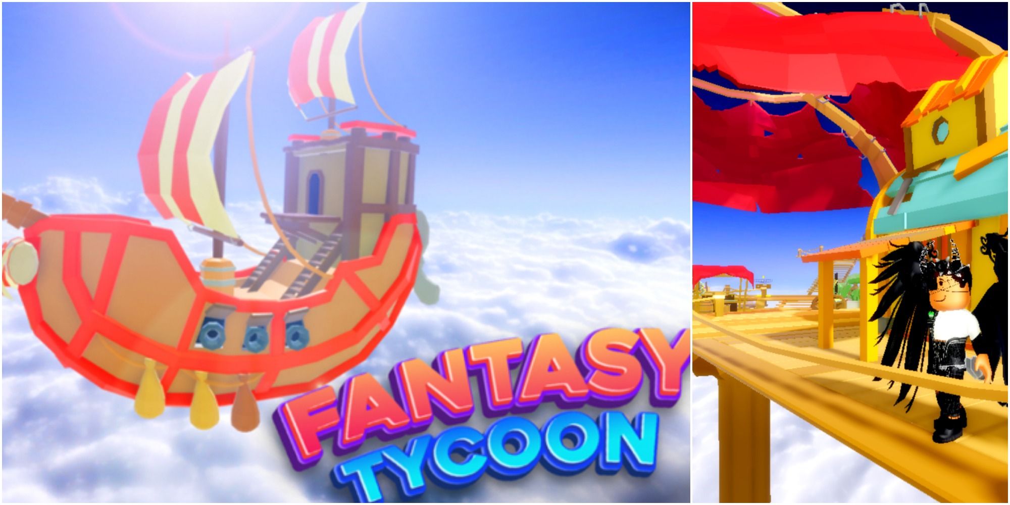 Split image a ship from Roblox’s Fantasy Tycoon on the left with a player standing in their tycoon on the right.