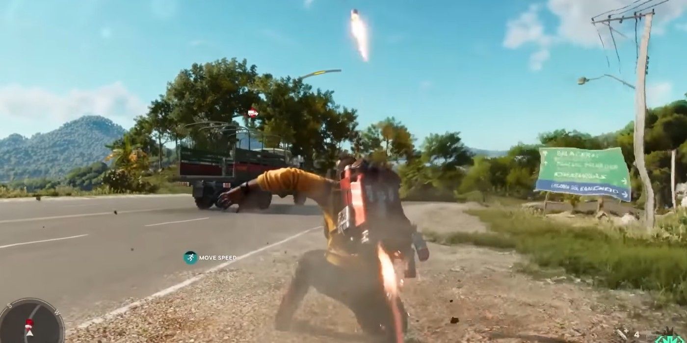 Far Cry 6 Supremo Exterminador being shot at truck