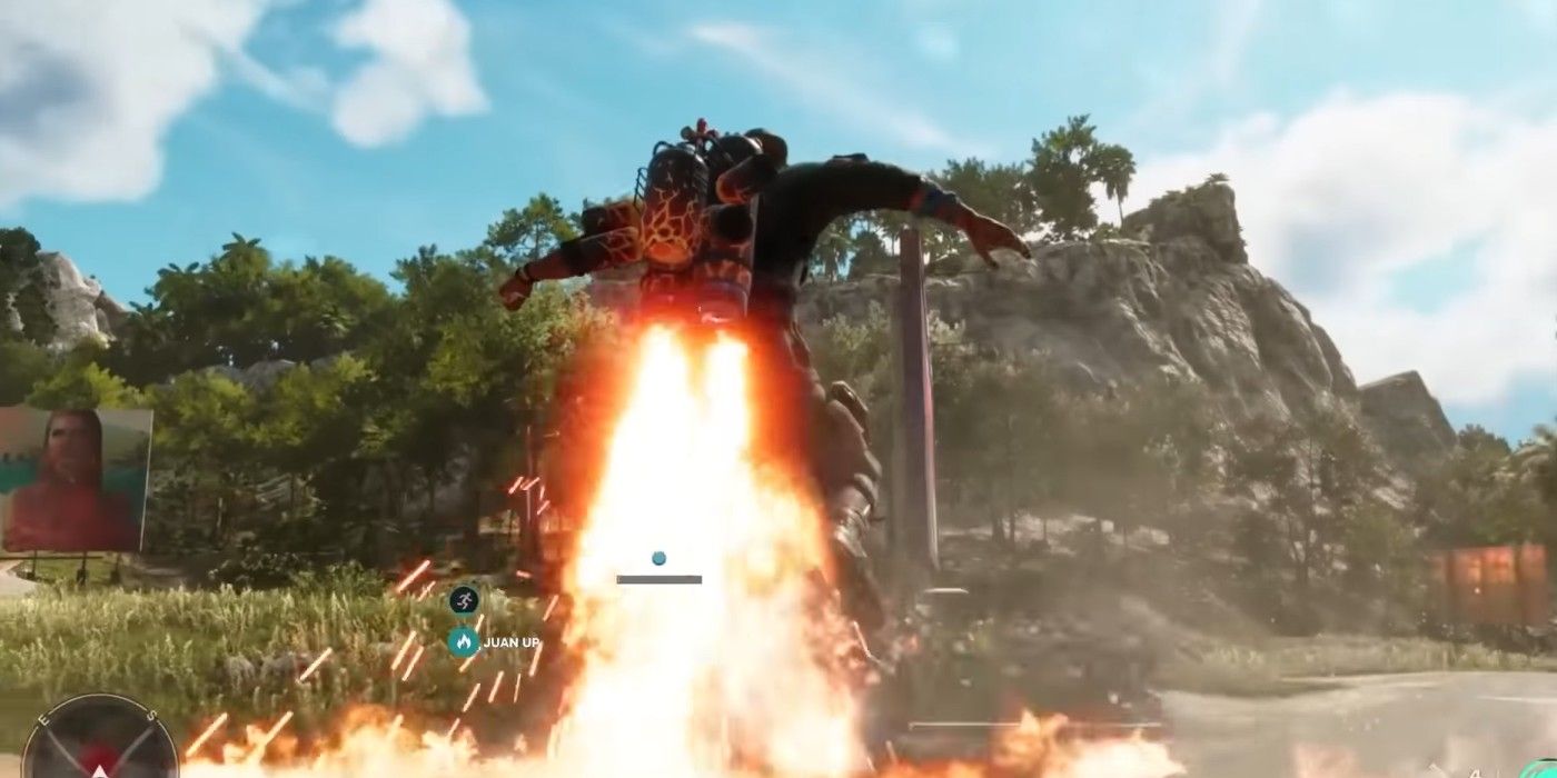 Far Cry 6 Supremo Furioso launching Dani in the air with flaming trail