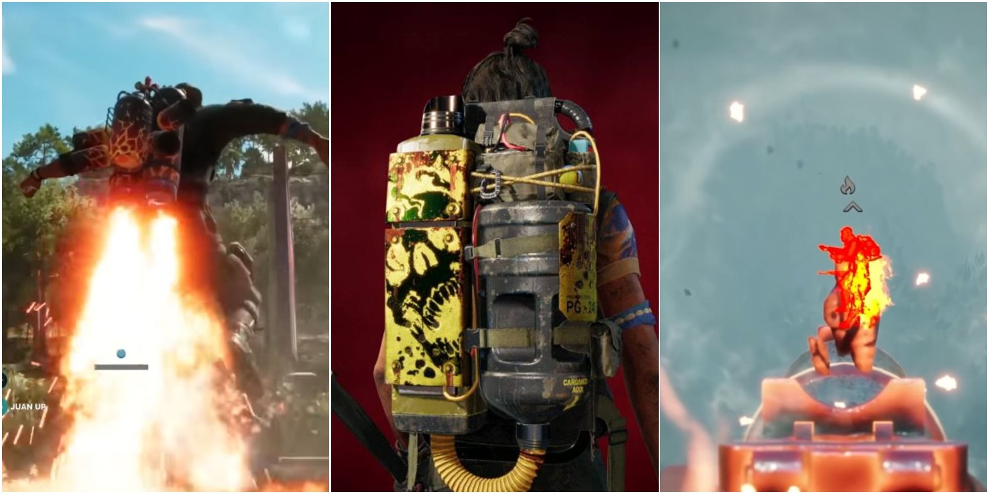 Far Cry 6 Supremos split image of backpack, Triador, and jet pack