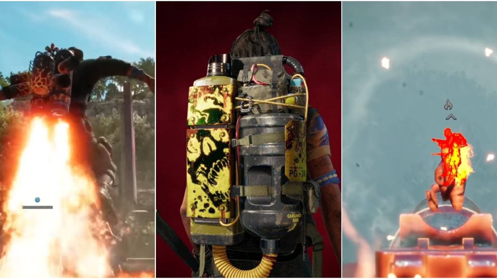 Far Cry 6 Supremos split image of backpack, Triador, and jet pack
