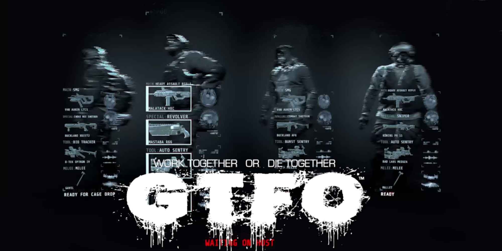 The loadouts of the four squad members in GTFO  with the GTFO logo