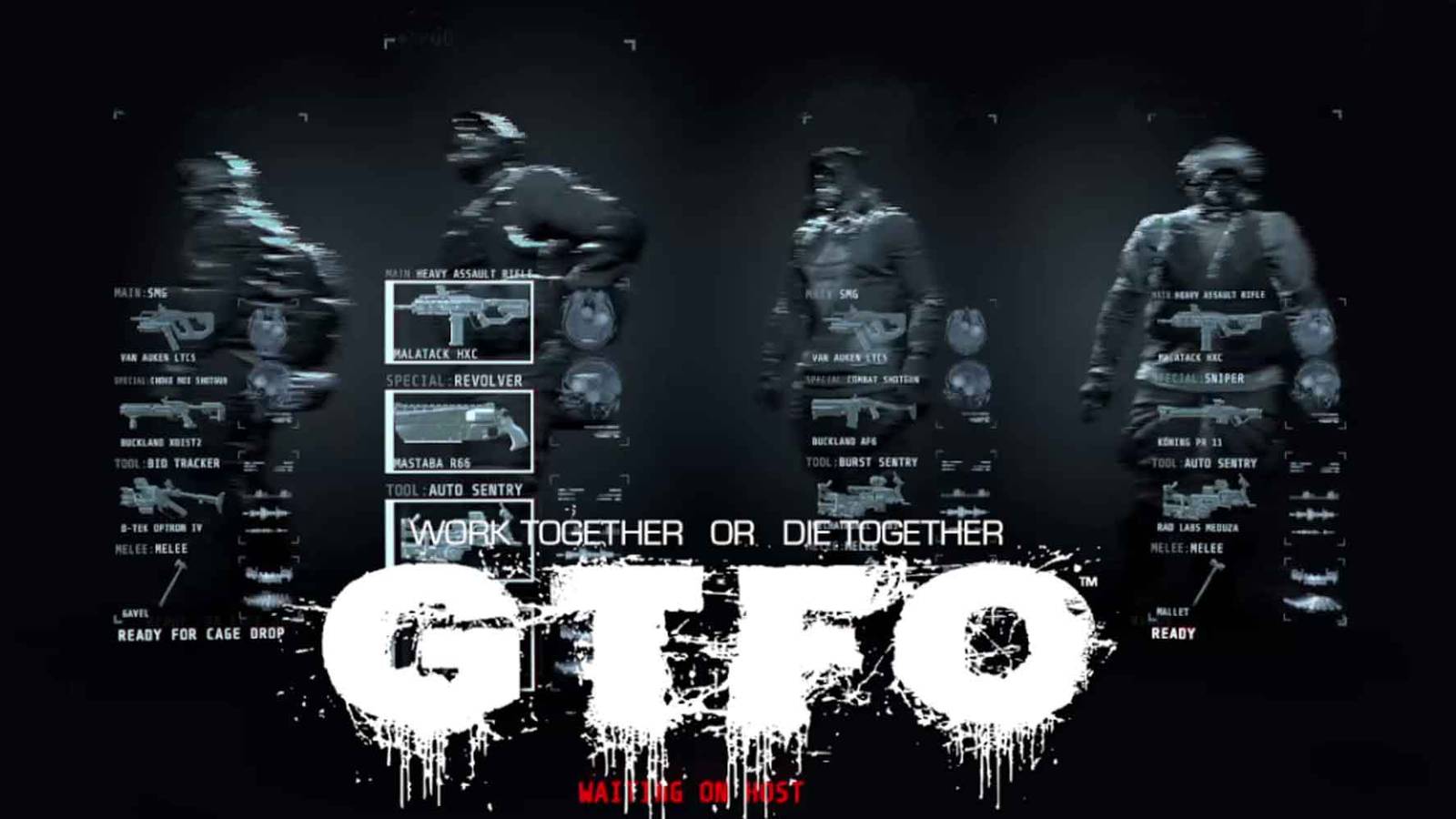 The loadouts of the four squad members in GTFO  with the GTFO logo