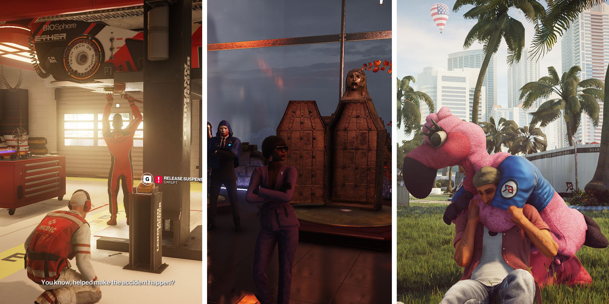 Agent 47 dropping a car on a mechanic and strangling a man while dressed as a flamingo. Sophia Washington stands in front of an iron maiden