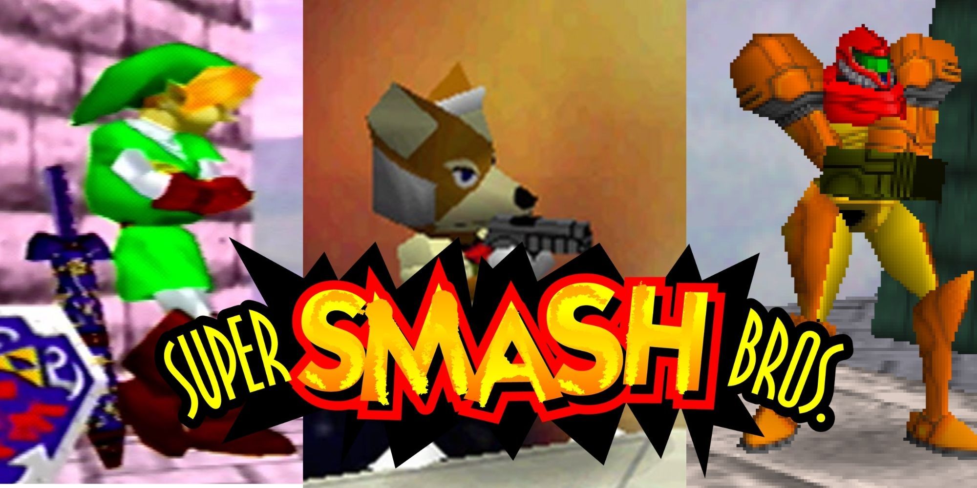 Split image with Link, Fox, and Samus from Super Smash Bros. Nintendo 64 and the original game's logo across the bottom