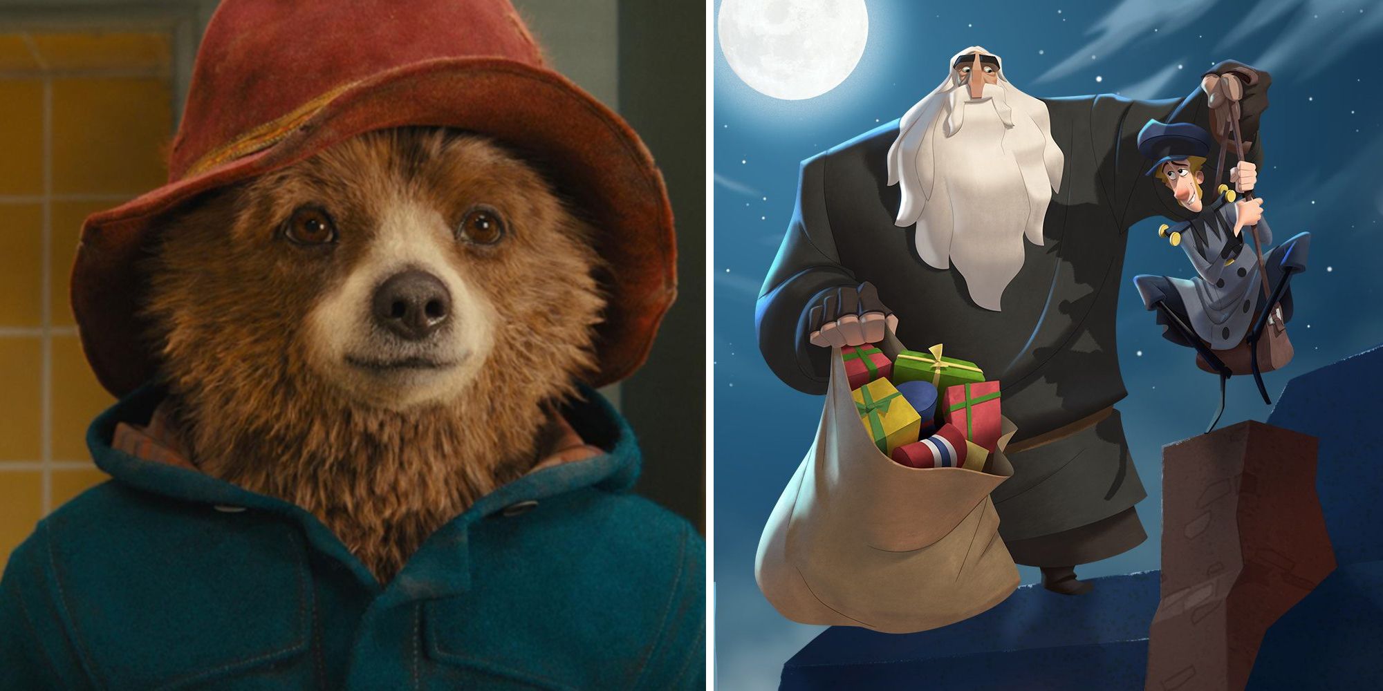 Разделенное изображение медведя Паддингтона, Клауса и Джаспера из мультфильма «Клаус» на Netflix.